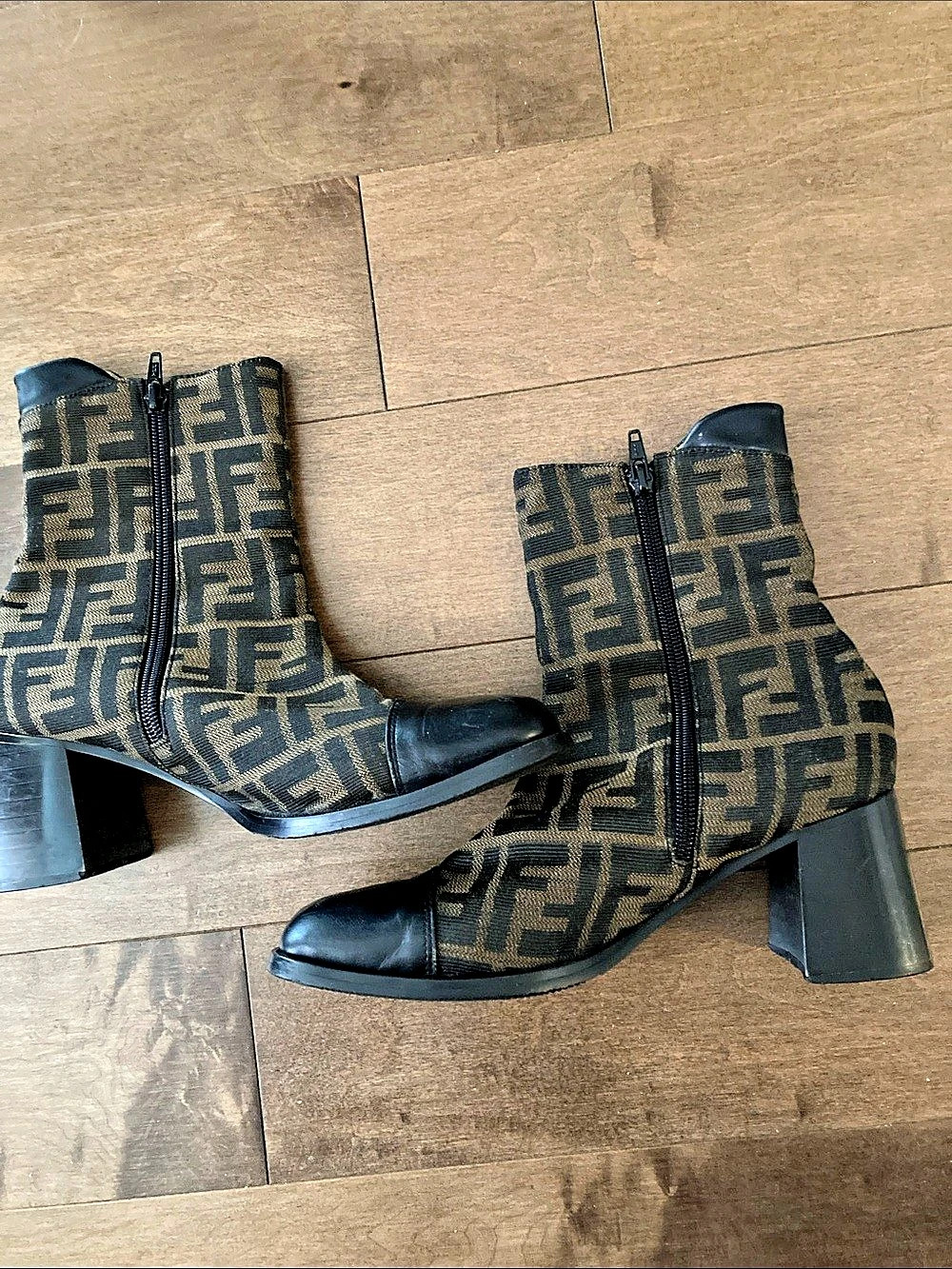FF Logo Canvas Leather Cap Toe Ankle Boots Heeled